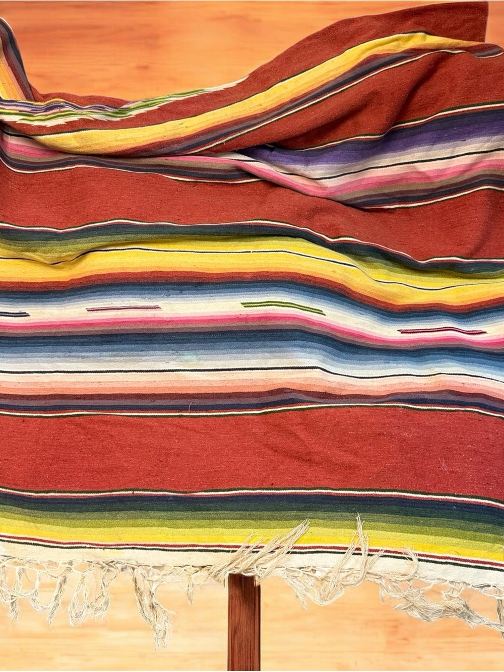 Vintage Handwoven Mexican Saltillo Serape Blanket Red Multi Striped 64x90 - Picture 3 of 5